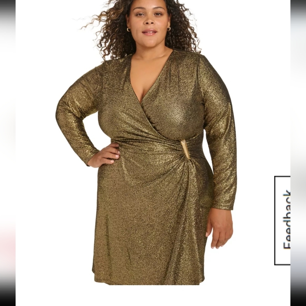 Calvin Klein Metallic Faux-Wrap Sheath Dress Sz 18W Plus Women Gold NWT